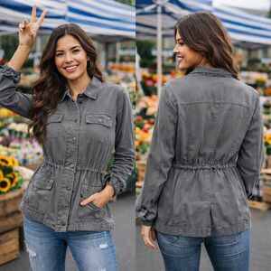 BKE Utility Jacket Women Medium Gray Zip Snap Drawstring Waist Long Sleeve‎